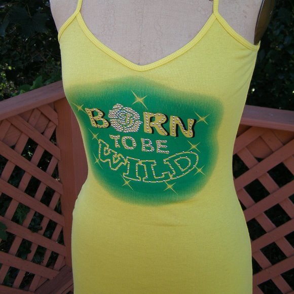 🇺🇸 NEW Mandee "Born to be Wild" yellow Cotton tank top S/M - Picture 2 of 10
